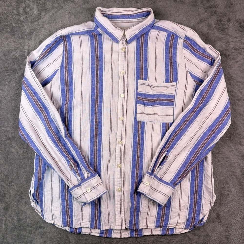 LOFT Linen Blend Button Down Shirt Women's M Blue Striped Long Sleeve Coastal